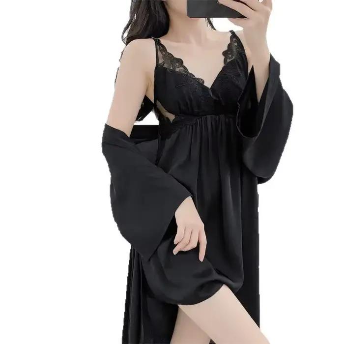 Nuisette et Robe en soie glacée, vêtements de nuit, ensemble Kimono deux pièces en dentelle, Long peignoir élégant, chemise de nuit Sexy, vêtements de maison