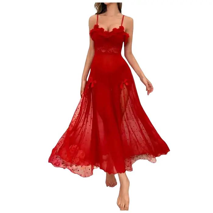 PerconsiderLace-Robe de lingerie en dentelle pour femme, fente haute, longue, maxi, sans couture, transparente, chemise de nuit séduisante, ensemble de pyjamas