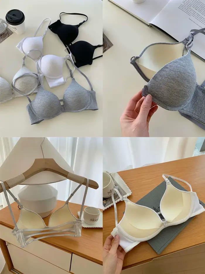 Soutien-gorge d'été pour femmes, rembourré fin, coupe A, push-up, design à boutons sur le devant, lingerie pour étudiantes, trois bretelles, dos ajouré