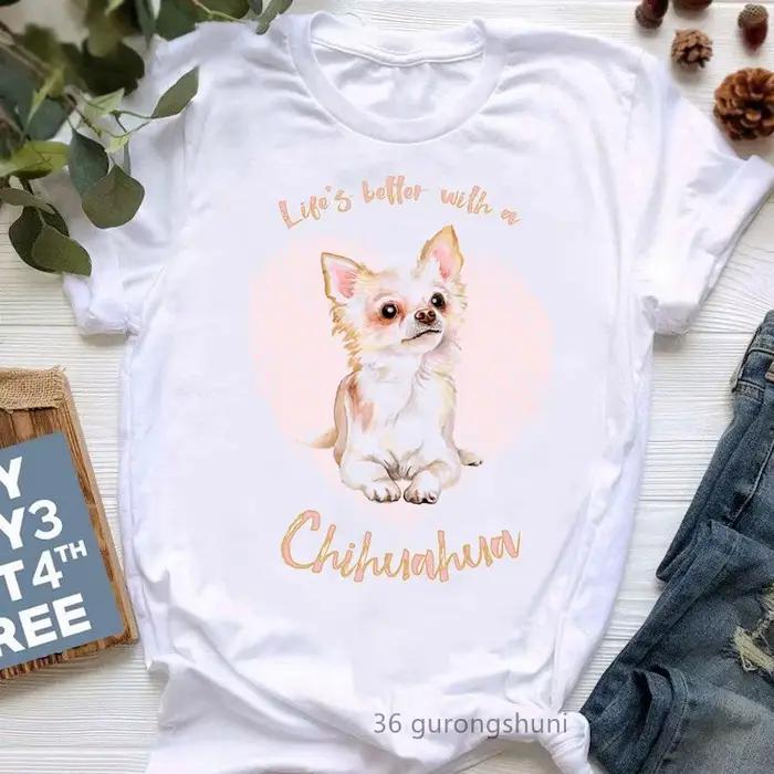 Biele tričko pre ženy s potlačou, Chihuahua, Harajuku, Kawaii