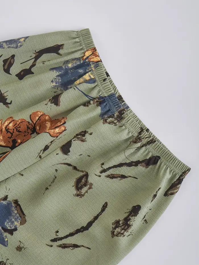 Pyjama rétro vert à fleurs pour femmes, vêtements de nuit décontractés à manches courtes et pantalon long, ensemble confortable pour le printemps et l'été