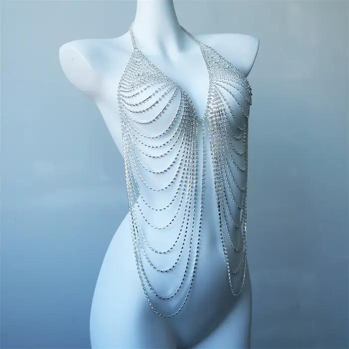 Chaîne de corps multicouche pour femme (type soutien-gorge), bijou de poitrine sexy pour boîte de nuit, chaîne de corps élégante et minimaliste pour soirée
