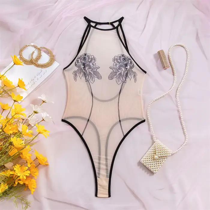 Krasapt Sexy Sieťovaný Ružový Body s Odhaleným Chrbtom