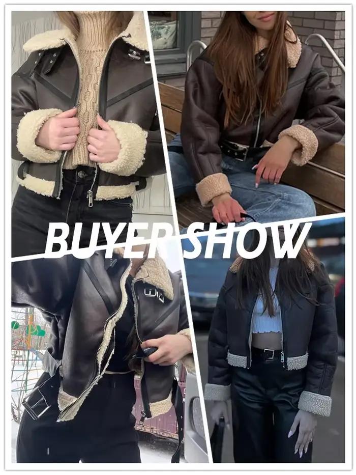 Ailegogo zimná dámska streetwear bunda z umelej jahňacej kožušiny s opaskom Moto Biker hrubý teplý kabát