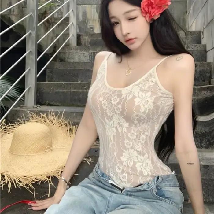 Hottie Style Sexy dentelle body Vintage Sexy voir à travers dos nu Spaghetti sangle combinaison femme fronde coupe ajustée barboteuses combishort