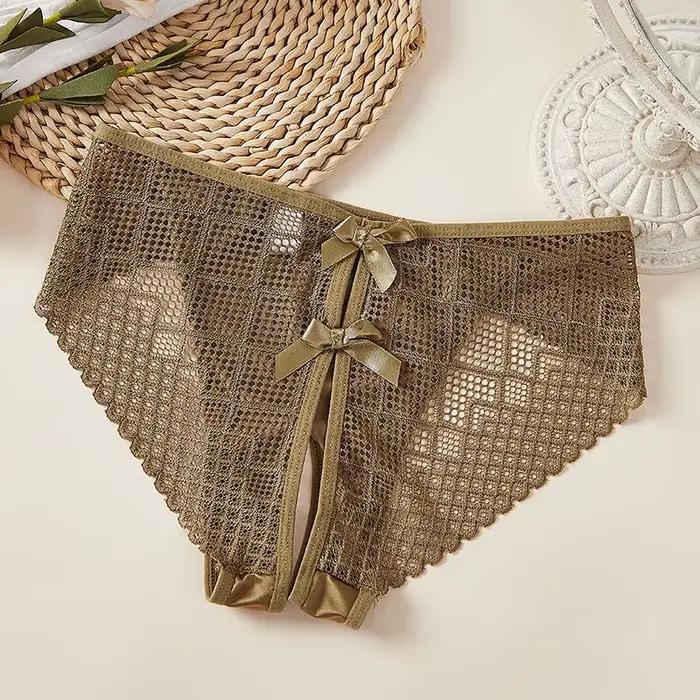 Sous-vêtements Sexy à entrejambe ouvert pour femmes, culotte taille basse, haute élasticité, nœud ajouré, grille, pas besoin de enlever, Breifs fins et doux