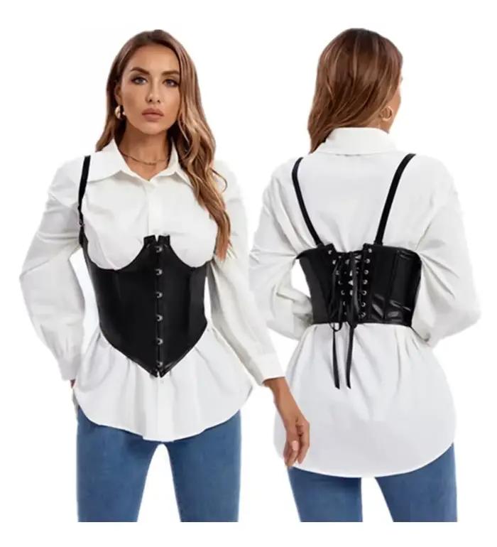 Corset sous-poitrine sexy en cuir Steampunk, Bustier Push-Up avec bretelles Punk, Top sculptant, Gilet serre-taille, Basques, Corselet