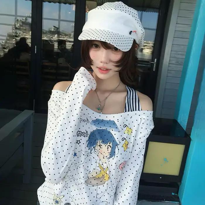 Japonské tričko Karrram Y2k s anime potlačou 2000s Cutecore s odhalenými ramenami Vintage Harajuku s dlhými rukávmi falošný dvojdielny top Kawaii