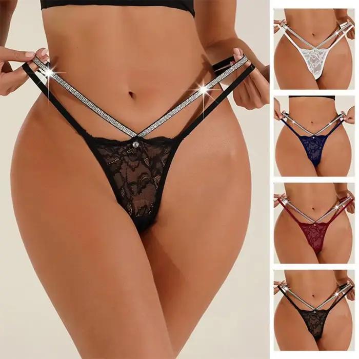 Culotte transparente en dentelle pour femme, string scintillant sexy en dentelle florale, sous-vêtement transparent à bretelles, string à strass, culotte extensible 95%