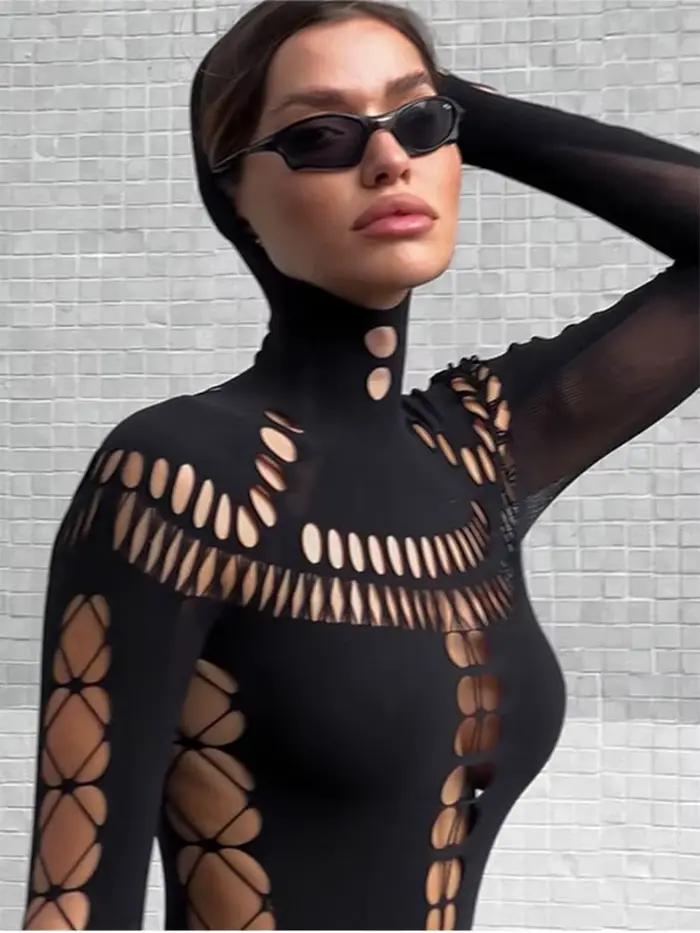 FHSEER Sexy body pre ženy Y2K vysoký golier obtiahnutý kruhový výstrih vpredu a rukávy zo sieťoviny so šnurovaním pružný Edggy Clubwear Streetwear