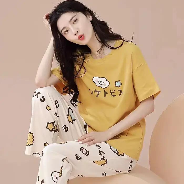 Ensemble pyjama pour femmes, manches courtes, pantalons longs, étudiant, décontracté, ours de dessin animé, doux Cuet, vêtements de nuit, vêtements de nuit romantiques