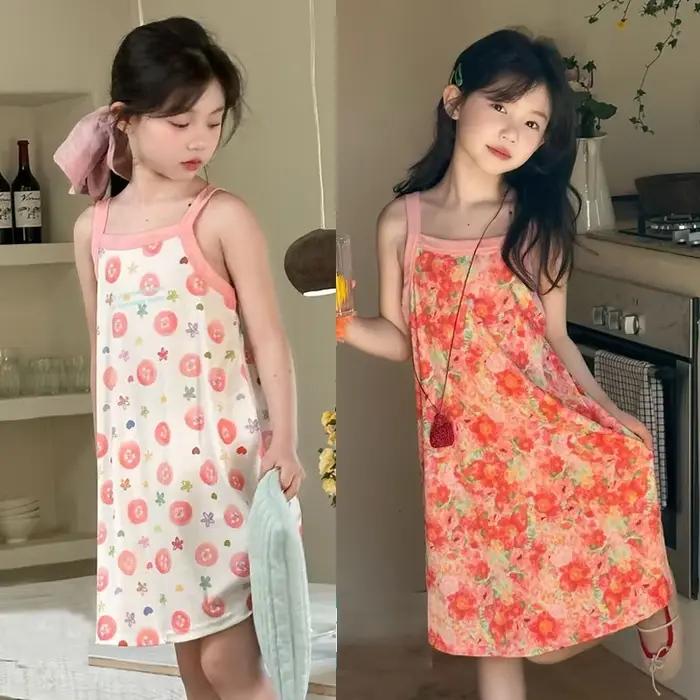 Robe de nuit pour filles de 2 à 13 ans, vêtements pour enfants, pyjama coréen d'été pour enfants, robe de nuit pour fille, bleu, rouge, floral, vêtements de maison
