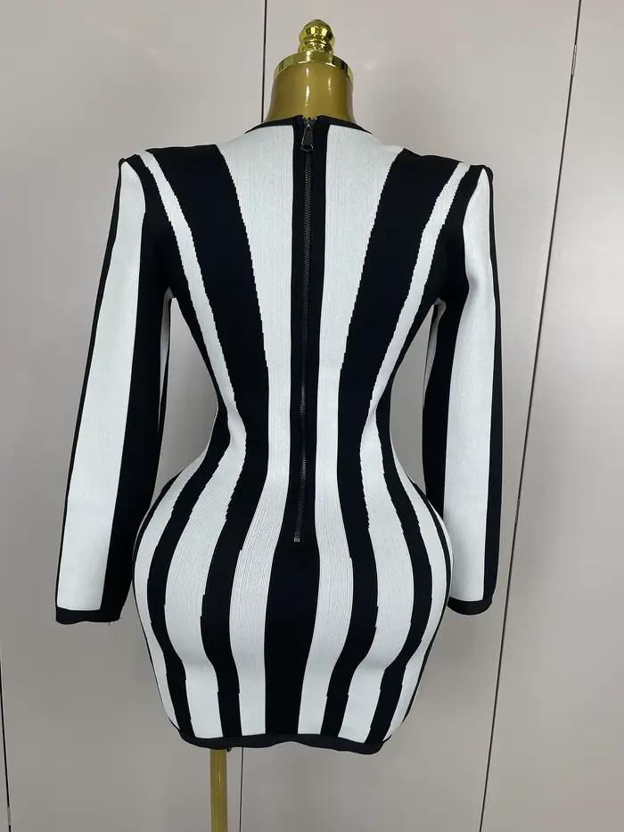 2025 luxusné Sexy dlhé rukávy pruhované čierno-biele Mini šaty na obväz ženy pletené celebrita elegantné večerné Club