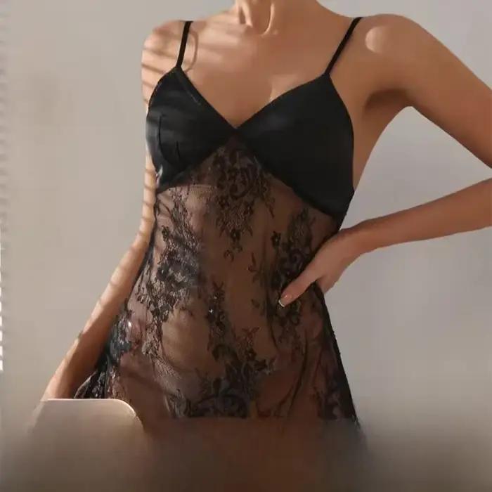 Ensemble chemise de nuit Sexy en dentelle transparente, avec bretelles amples, jupe Midi, respirant, soie de lait, Polyester, Ultra-fin, col en v, sans manches