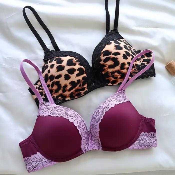 Soutien-gorge push-up ajustable sans armatures pour femme, en dentelle française violette à imprimé léopard, lingerie sexy sans couture
