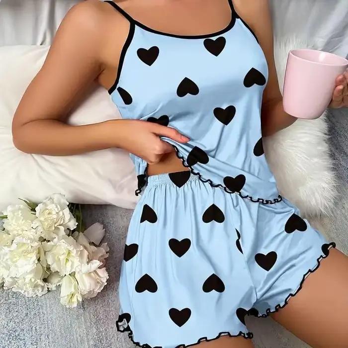 Ensemble pyjama pour femmes, T-Shirts et shorts, T-Shirt rose imprimé en forme de cœur, col rond, haut en soie glacée, confortable et décontracté, été 