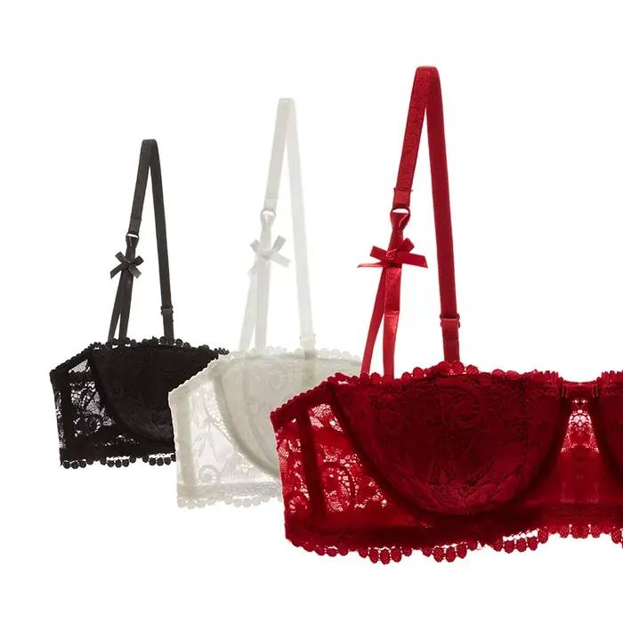 Soutiens-gorge demi-coupe 1/2 KUCLUT, Lingerie grande taille, Sous-vêtements fins rouges, Soutien-gorge balconnet push-up sexy en coton, Noir Blanc Bonnets A B C D