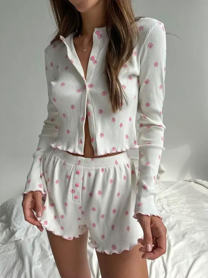 Ensemble pyjama côtelé en tricot pour femme, imprimé floral, haut à manches longues et short, vêtements décontractés pour la maison, vêtements de nuit