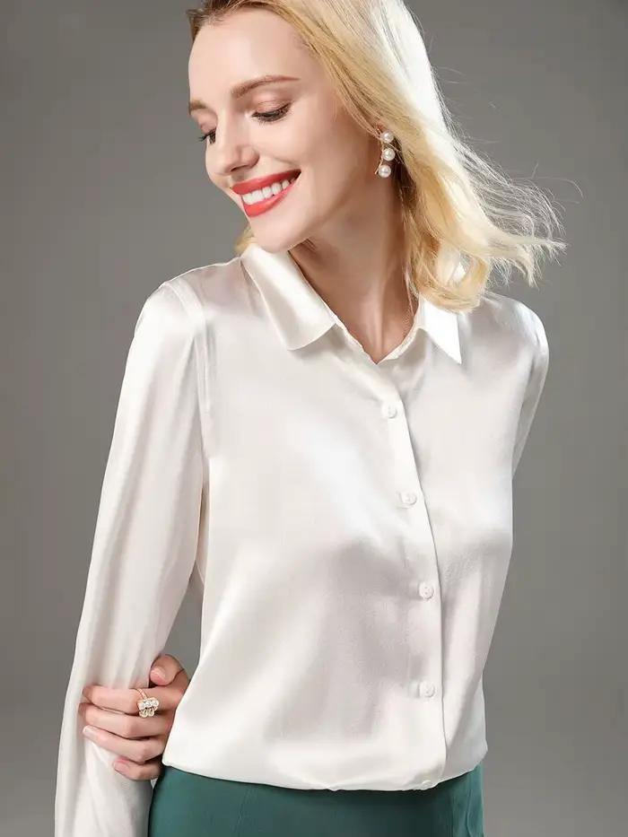 Dámska hodvábna blúzka 93% hodváb 7% elastan základná jednofarebná s golierom Chic Blouse jar 2025