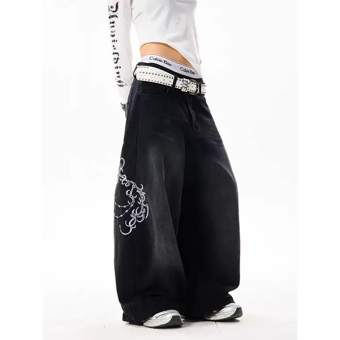 YIBASHU Dámske Vintage vyšívané Y2K Baggy džínsy s vysokým pásom 2000s široké nohavice Denim