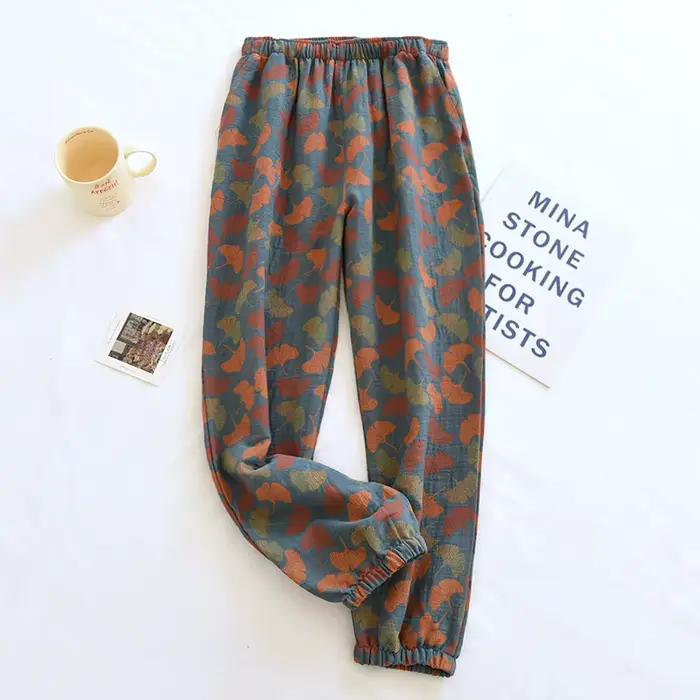 Pyjama d'hiver en crêpe 100% coton pour femme, pantalon grande taille 2XL, confortable, ample, grande feuille, pantalon de maison, bas fin, automne