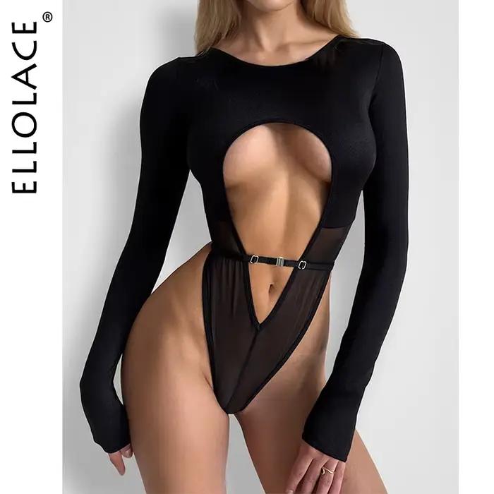 Ellolace Body séduisant femmes charmant creux à manches longues dos nu string corps Sexy chaud Lingiere voir à travers le Kit intime
