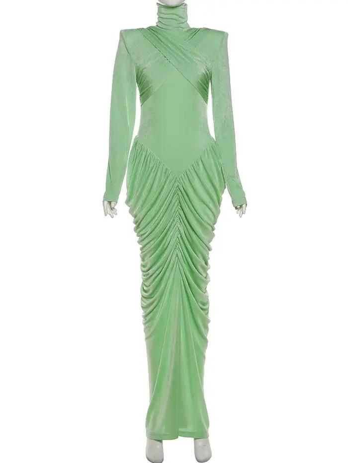 Bizarre Puss jeseň nový štýl maxi šaty pre ženy rolák dlhé rukávy odhalený chrbát štíhle Stretch plesová párty nariasené elegantné