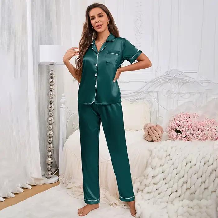 Pyjama en Satin pour femmes, vêtements de maison, automne, manches courtes, col rabattu, hauts et pantalons, vêtements de nuit, ensemble 2 pièces