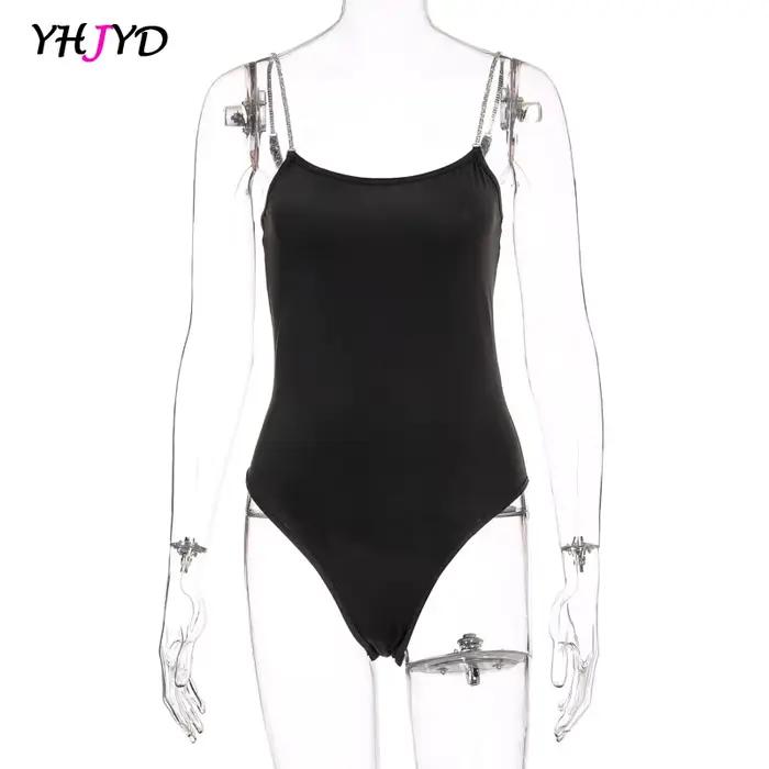 Body Sexy pour femmes, noir et blanc, strass, bretelles Spaghetti, jambes hautes, sans manches, hauts d'été, tenues de fête élégantes