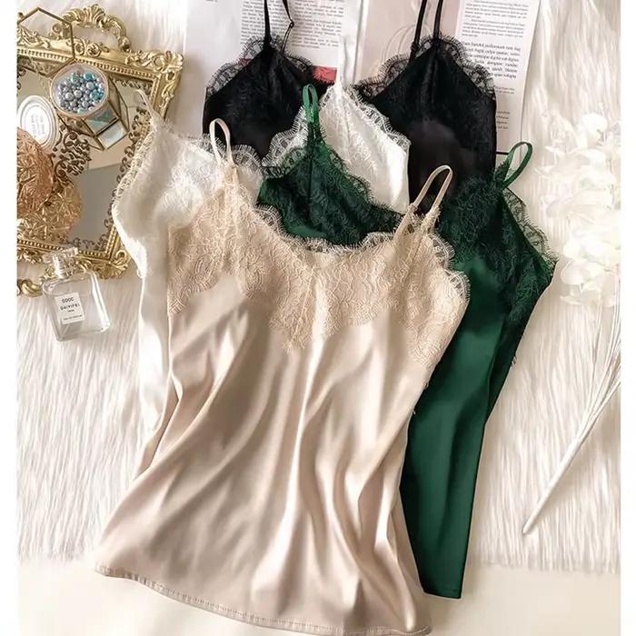 Sexy čipkovaná camisola pre ženy z hodvábu s výstrihom do V