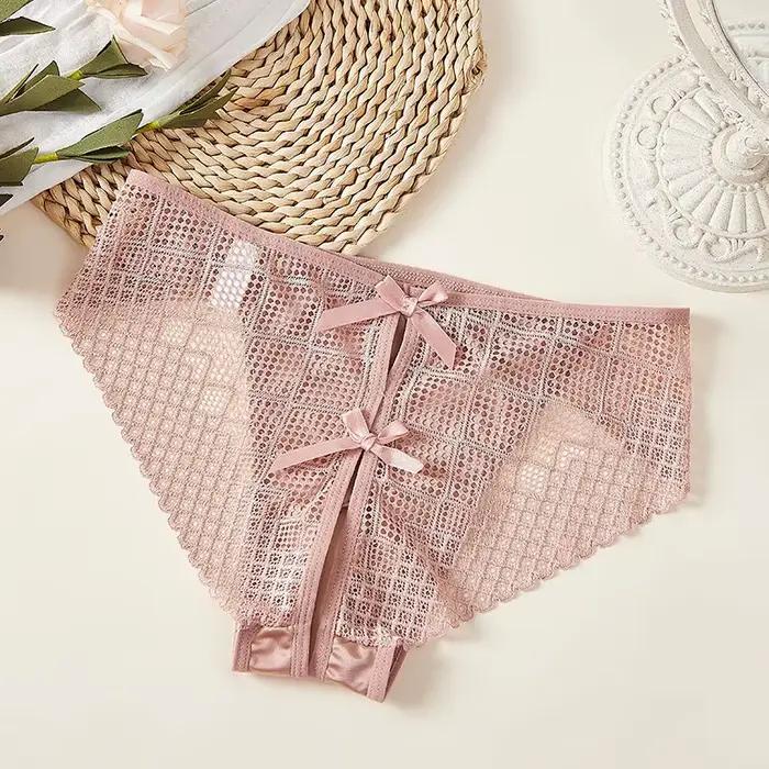 Sous-vêtements Sexy à entrejambe ouvert pour femmes, culotte taille basse, haute élasticité, nœud ajouré, grille, pas besoin de enlever, Breifs fins et doux