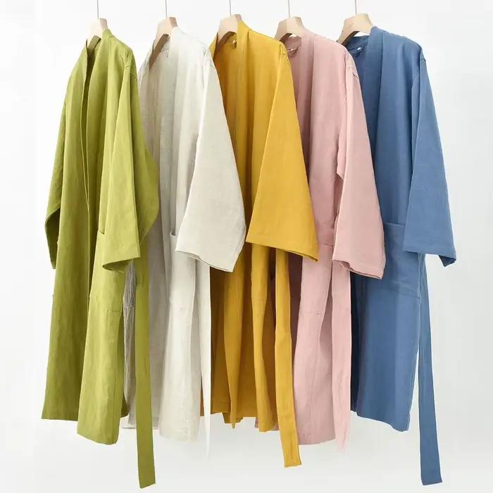 30% ľan 70% Tencel Kimono župan Šaty pre ženy a mužov nočná košeľa voľné nočné oblečenie Homewear jednofarebné