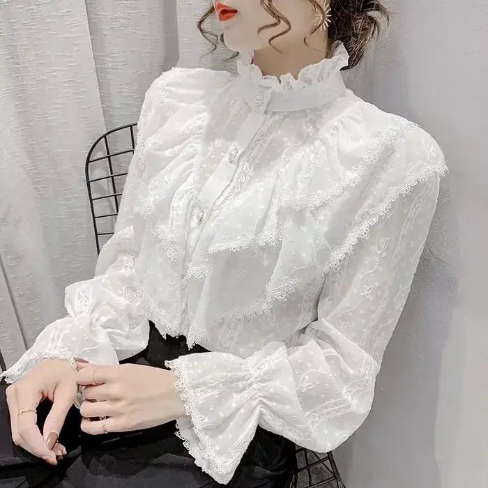 Voľné dlhé rukávy jarná módna gombíková biela elegantná blúzka so stojačikom a riasením