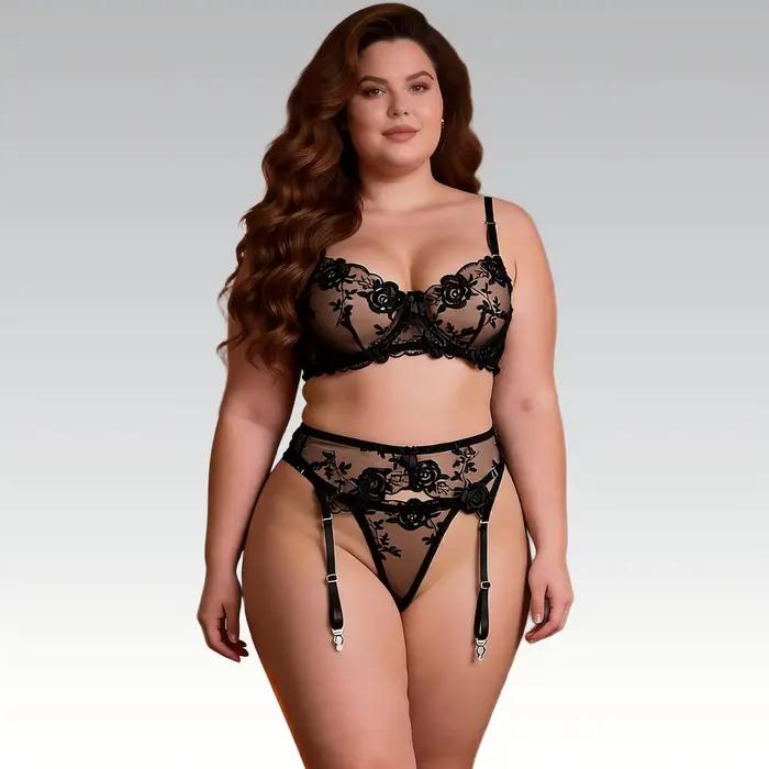 Veľká veľkosť 3XL sada spodnej bielizne s výšivkou a podväzkami