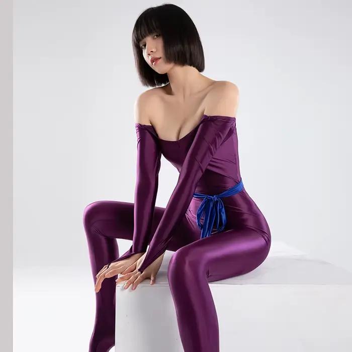 Body soyeux brillant en satin à manches longues pour femmes, costume complet de batterie, barboteuses serrées sexy, chaussures percées au doigt, cosplay, nouveau