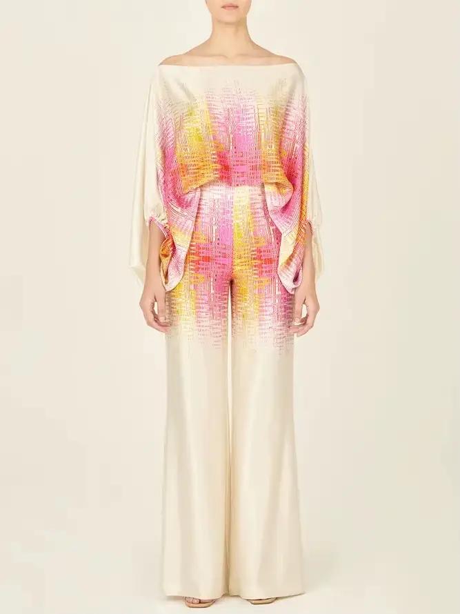 Pyjama Imprimé en Satin pour Femme, Ensemble de 2 Pièces, Vêtements de Maison, à la Mode, Amissié, avec Pantalon Long, 2024