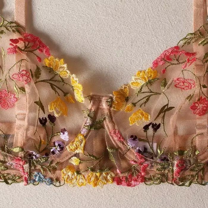 Ensemble de Lingerie brodée florale pour femmes, 2 pièces, soutien-gorge Boho transparent + culotte, ensemble de sous-vêtements intimes