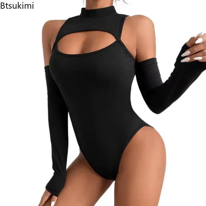 Combinaison sexy ajourée à manches longues et épaules dénudées pour femme, couleur unie, col semi-montant, vêtement de base tendance 2026