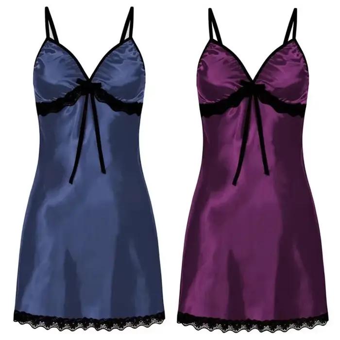Dentelle soie Satin vêtements de nuit femmes Sexy Lingerie robe de nuit sans manches bretelles Mini robe avec culotte nuisettes chemise de nuit