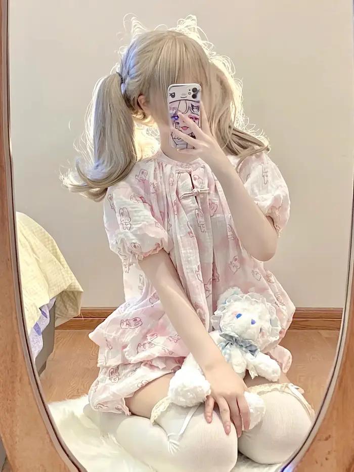 Kawaii Lolita Style lapin imprimé pyjamas ensemble Girly mignon à manches courtes hauts Shorts costume femmes décontracté princesse Homewear Pijama ABDL