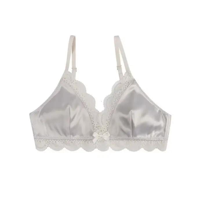 Soutien-gorge en dentelle à nœud en forme de triangle de style coréen pour femmes Petite poitrine Sous-vêtements en satin Doux respirant Confortable Soutien-gorge doux