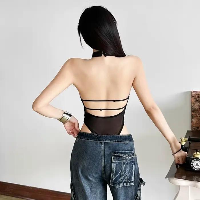 SylCue maille Patchwork maigre body femmes licou col bas Sexy décolleté dos nu rue Style sauvage Hipster Coquette Clubwear