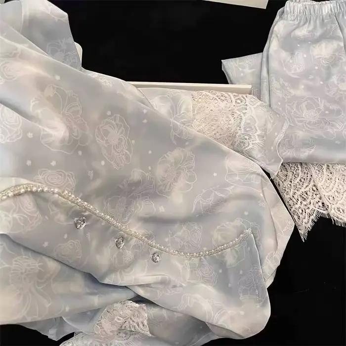 Soie deux pièces dames ensemble Pijama automne Floral à manches longues boutonné haut et pantalon vêtements de nuit femme vêtements de nuit Sexy Pyjamas ensemble