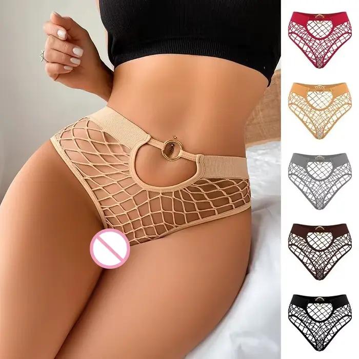 Nový štýl sieťovaný sexy ženské nohavičky jednofarebné stredne vysoké pásové sieťované dámske spodné prádlo priesvitné elastické tangá