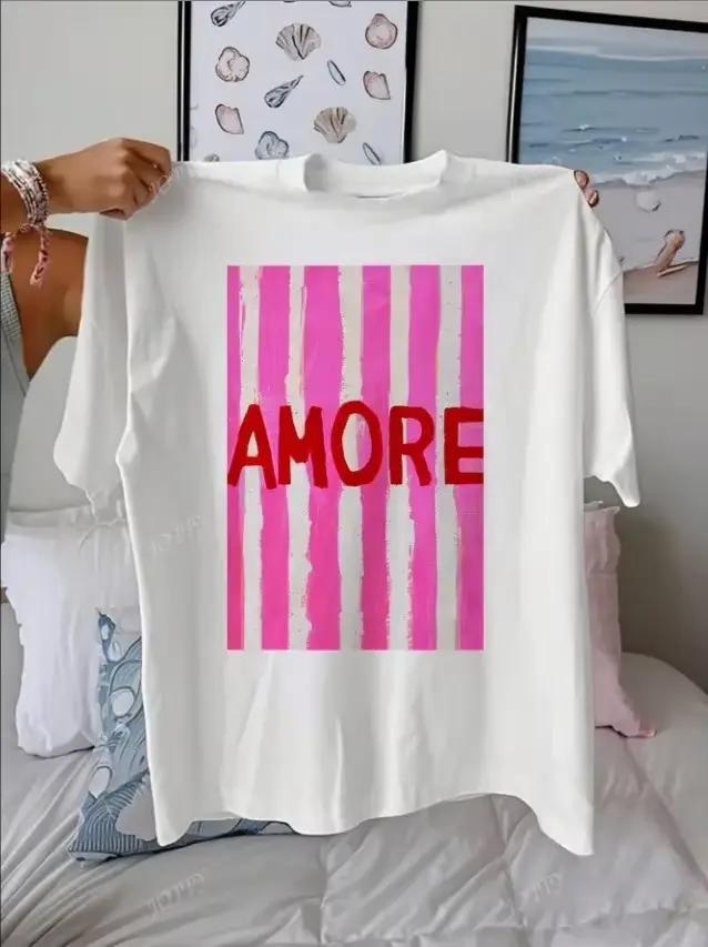 AMORE pruhovaný umelecký vzor letné oblečenie pre ženy voľný okrúhly výstrih krátke rukávy dámske tričká topy