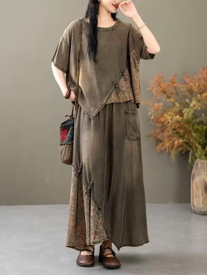 Letné dámske čínske 2-dielne súpravy ležérne potlačené Denim luxusné Vintage topy g