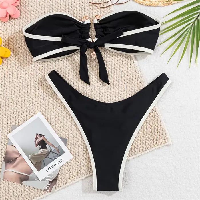 Blanc Bandeau Bikinis ensembles femme Sexy maillot de bain contraste couleur métal boucle maillots de bain coupe haute maillot de bain brésilien Bikini Mujer