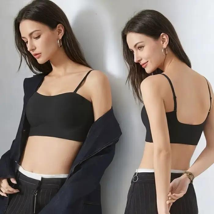 Soutien-gorge push-up à fines bretelles pour femme, sans couture, dos nu, type bandeau, rembourré, sans armatures, confortable pour le quotidien, idéal pour l'été