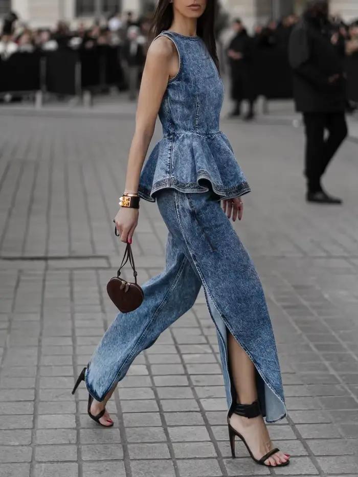 TWOTWINSTYLE Dvojdielny džínsový set s vrstvenými záhybmi pre ženy