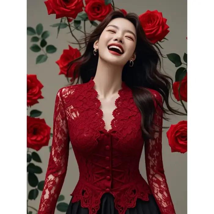 Haut corset en dentelle rouge pour femme, manches longues, bouton sur le devant, chemisier formel